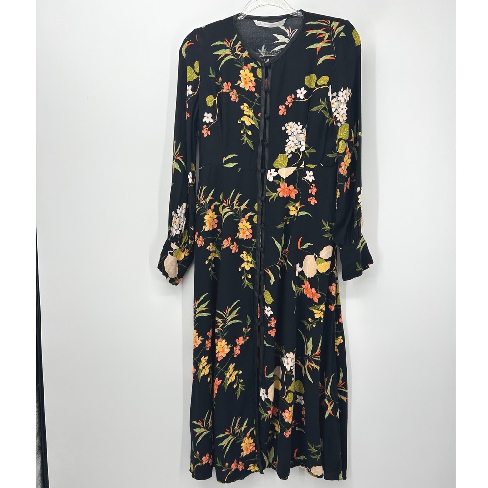 Zara Trafaluc Black Floral Frog Knot Button Midi Dress Long Sleeve Medium